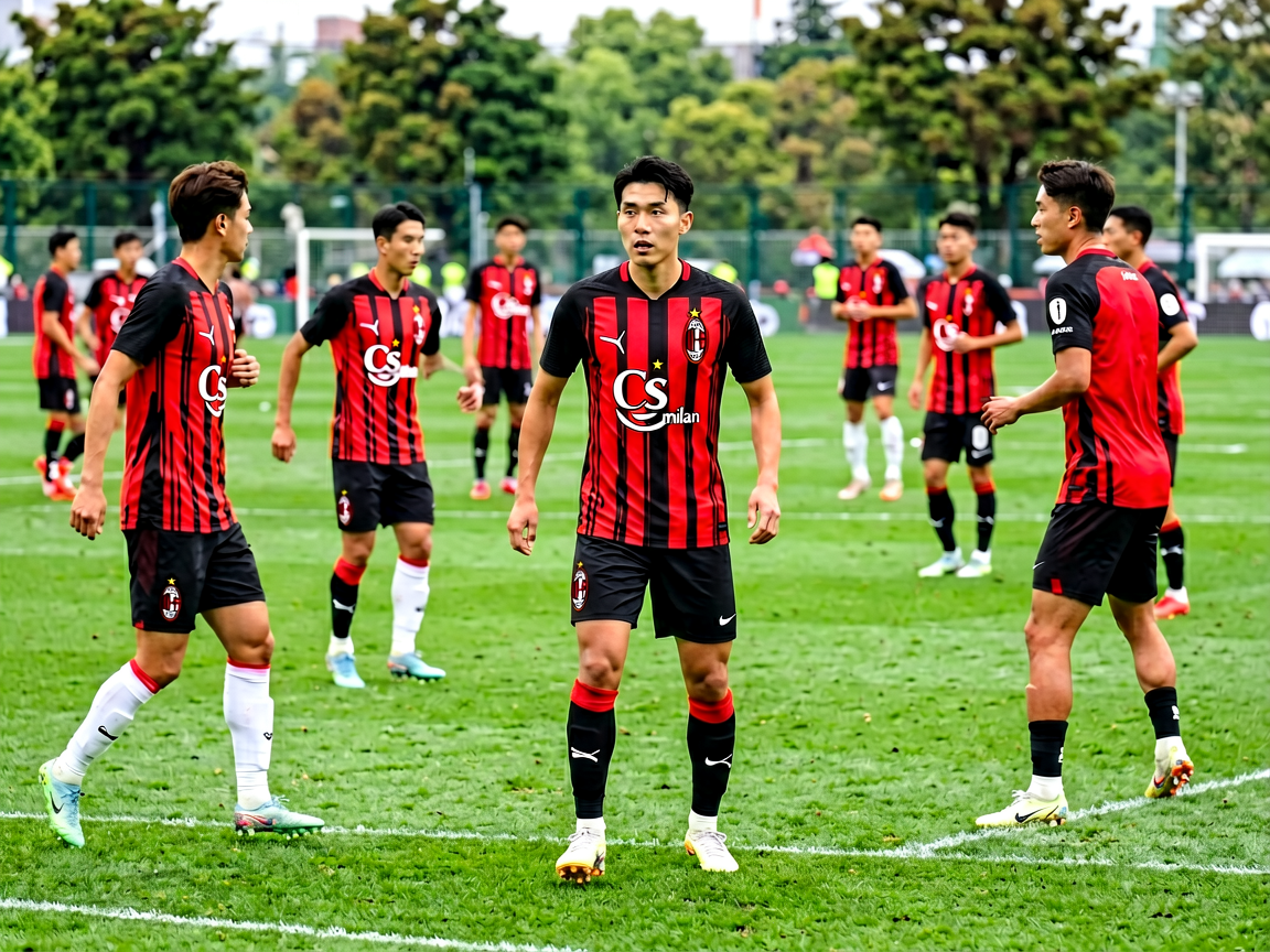 AC米兰新赛季训练备战场景，球员在训练场进行战术演练